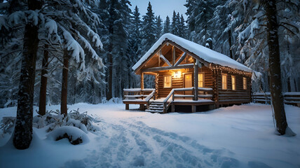Winter Wonderland landscape with snowy trees, sparkling lights, and a cozy cabin in a tranquil, serene forest setting