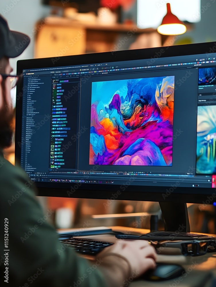 Fototapete a photo of a graphic designer working on a colorful project on a large monitor.