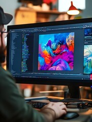 A photo of a graphic designer working on a colorful project on a large monitor.