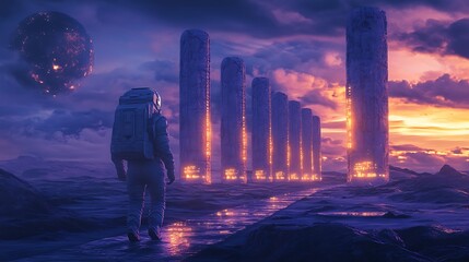 Fototapeta premium An astronaut walking along a pathway lined with glowing alien pillars, the twilight sky blending deep blues and purples, cinematic lighting casting intricate shadows, hd quality,