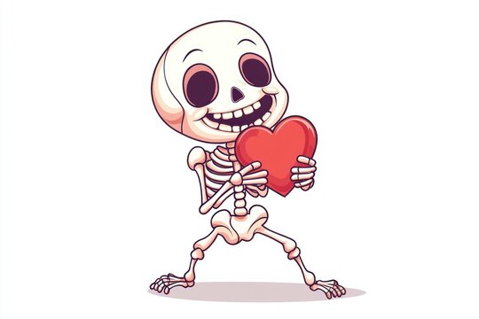 Cartoon-design skeleton holding a heart, perfect for Valentine's themed graphic tees.