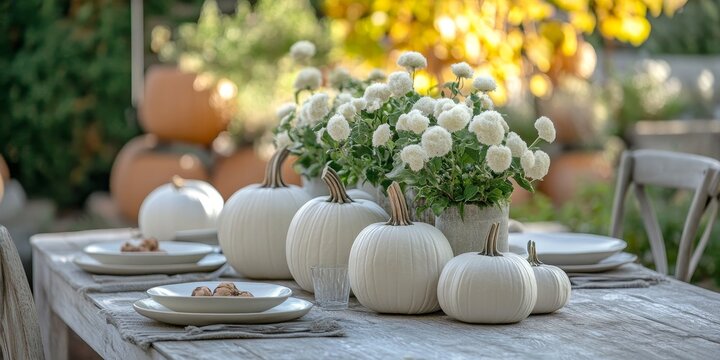 An outdoor table arrangement in a modern farmhouse style features white pumpkins, emphasizing an eco friendly design approach for a delightful ambiance.