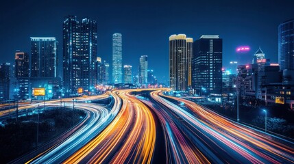 Obraz premium Night cityscape with vibrant light trails on busy highway.