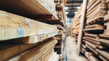A warehouse filled with stacked wooden planks, showcasing various types of lumber.