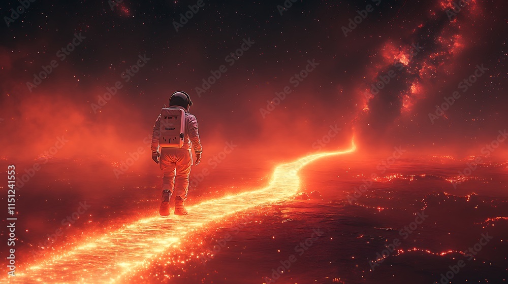 Wall mural an astronaut walking on a stardust bridge, its glowing edges blending seamlessly with the vast void 