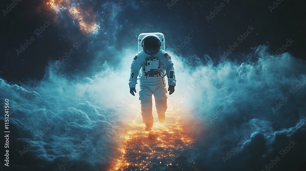 Wall mural an astronaut walking on a stardust bridge, its glowing edges blending seamlessly with the vast void 