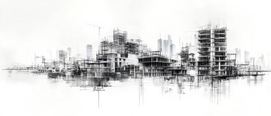 Fototapeta premium Construction evolution from blueprints to buildings in a modern architectural collage