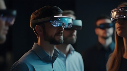 A photo of a group of coworkers brainstorming with augmented reality glasses. 