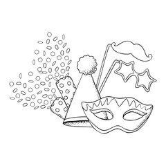 Mardi Gras masquerade and carnival symbols black and white vector illustration with masks, party cones, confetti poppers and star glasses on stick. Hand drawn line sketch for kids Purim coloring book