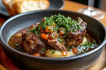Fototapeta premium Hearty Braised Beef Dish with Creamy Mashed Potatoes