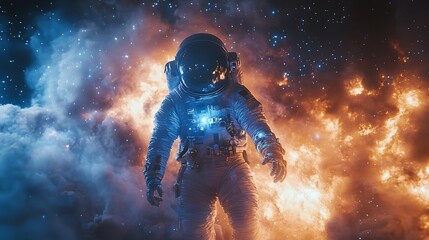 An astronaut witnessing a supernova, vibrant colors of blue and orange mixing in a massive explosion, the light illuminating every detail of their suit, cinematic lighting creating dramatic contrasts,