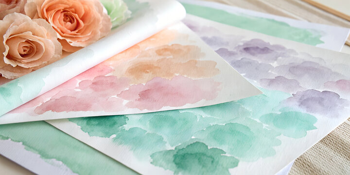 Soft watercolor background with pastel shades of peach, lavender, and mint for artistic and delicate visuals