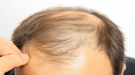 Fototapeta premium Person examining thinning hair in mirror, reflecting on aging and self-care. Embracing natural changes and prioritizing health and well-being.