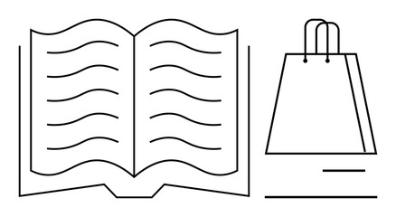 Open book with wavy lines and shopping bag with handles in clean lines. Ideal for education, literature, retail, e-commerce, reading, learning, online shopping. Line metaphor