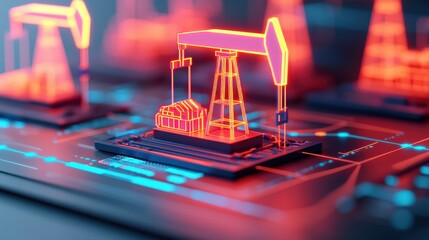 A futuristic depiction of oil rigs in neon colors, showcasing digital technology and the oil industry"s evolution.