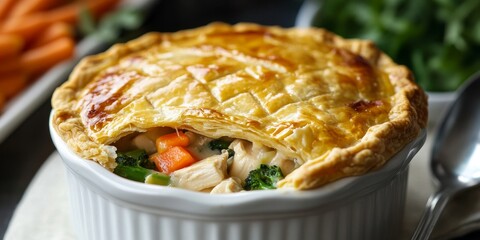 Homemade pot pie filled with delicious chicken and fresh vegetables. This savory dish combines tender chicken with nutritious veggies for a comforting meal.