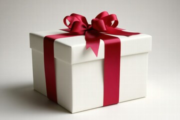Obraz premium Elegant White Gift Box with Vibrant Red Ribbon and Bow, Perfect for Celebrating Special Occasions, Birthdays, Holidays and Other Festive Events