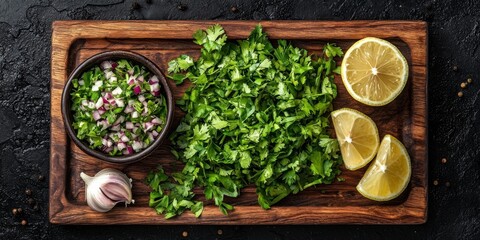 Fresh Cilantro Red Onion Garlic Lemon on Wooden Board