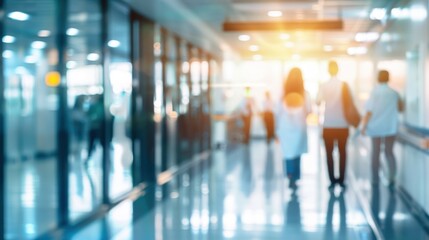 Blurry image of a hospital corridor with people walking, suggesting a medical environment.