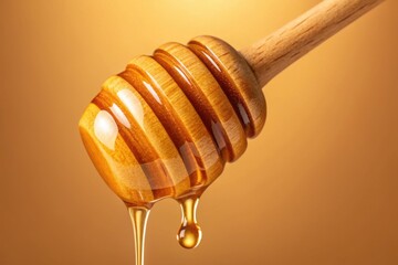 Golden honey drips from a wooden dipper against a warm, amber backdrop