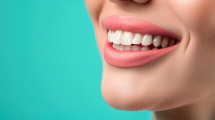 Fototapeta premium Close-up of a smiling mouth showcasing white teeth against a turquoise background.