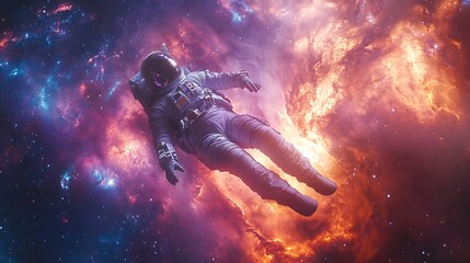 A lone astronaut floating in the void of space, swirling galaxies in vibrant hues of purple, blue, and orange filling the background, cinematic lighting highlighting the suit’s reflective textures,