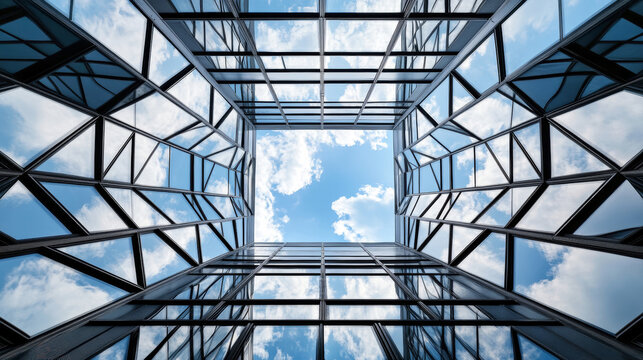 Modern office building with striking glass facade and geometric patterns under a bright blue sky and fluffy clouds - Powered by Adobe