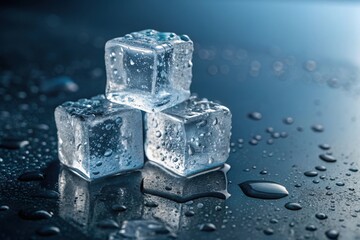 Intricate stacking of melting ice cubes creates a mesmerizing display of water droplets