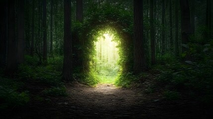 Fototapeta premium Mystical forest entrance revealing a bright light beyond.