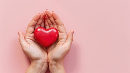 Hands holding a red heart-shaped object against a pink background, symbolizing love and care.
