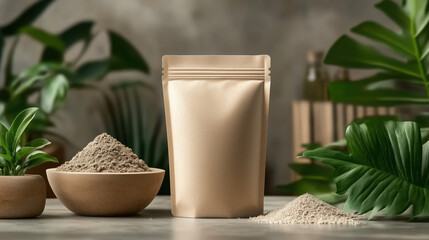 Natural Fertilizer in Kraft Resealable Pouch Mockup with Plant Leaves and Soil Mound for a Clean Minimal Eco-Conscious Design