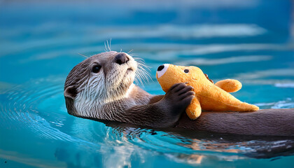 Adorable Baby Otter Floating with a Plush Fish Toy in Nature