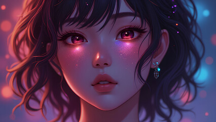 Fototapeta premium Anime style A closeup portrait of a woman with with the galaxy face vibrant glow