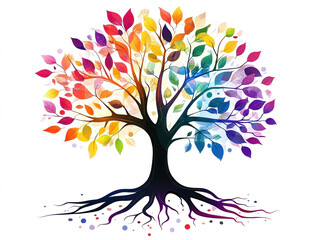 Fototapeta premium Nature-inspired tree silhouette, colorful leaves and roots, flat for t-shirt illustration. 