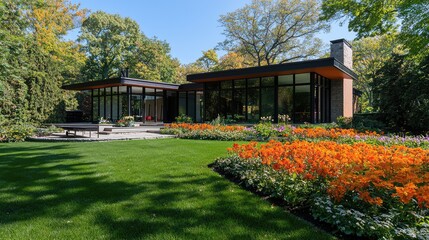 Obraz premium Modern house surrounded by vibrant flowers and green lawn
