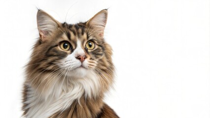 portrait Norwegian Forest cat long hair big eyes white background copy blank space paste