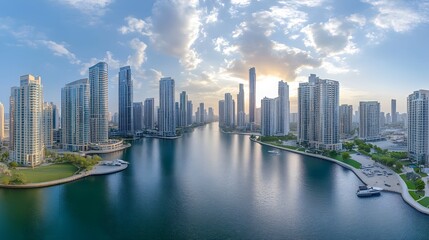 Fototapeta premium Scenic skyline view of modern city skyscrapers by the river at sunset.