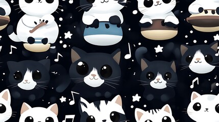 A lively scene of cats drumming on tiny drums and playing colorful xylophones, surrounded by swirling musical notes, glowing lanterns, and a magical evening sky, playful and energetic ambiance,