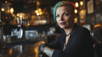 close up middle age punk woman sitting at local bar