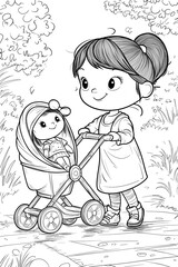 Girl with Doll in Toy Stroller Coloring Page for Kids