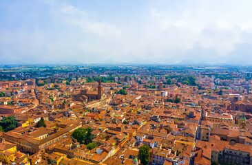 Piacenza, Italy. Watercolor illustration. Piacenza is a city in the Italian region of Emilia-Romagna, the administrative center of the province of the same name. Summer day. Aerial view