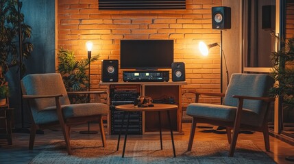 Minimalistic podcast studio setup with two wooden chairs, a small coffee table, and professional recording equipment under warm lighting.