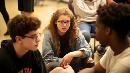 A photo of a group of high school students preparing for a theater performance. 