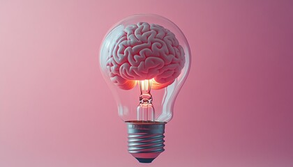 A brain inside a glowing light bulb on a clean background with ample copy space, symbolizing the generation of ideas, knowledge, creativity, and brainstorming