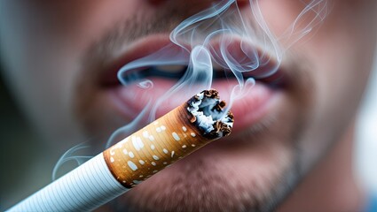 A close-up of a smoke-filled cigarette, symbolizing smoking and the behaviors that go along with it. This illustrates how tobacco use affects one's health.