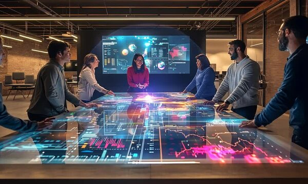 Team of professionals collaborating around a large interactive data visualization table.