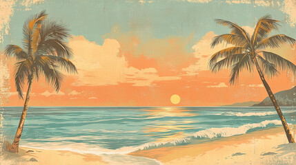 Fototapeta premium Silhouette coconut trees, serene sea view, and setting sun, vector design. 