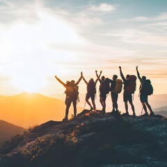 A photo of a group of hikers celebrating together at the top of a mountain.