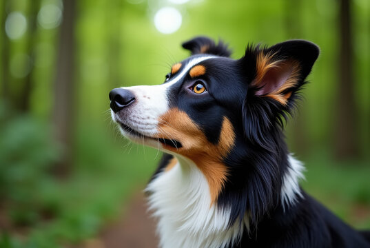 A close-up of a black, white, and brown dog looking into the distance