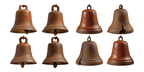 Array of Brown Rustic Bells on Transparent Background, PNG collection, set bundle, isolate on transparent or white background